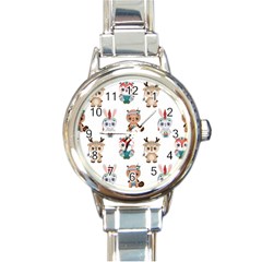 Cute-cartoon-boho-animals-seamless-pattern Round Italian Charm Watch