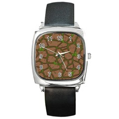 Cartoon-brown-stone-grass-seamless-background-texture-pattern Square Metal Watch by uniart180623