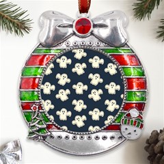 Hand-drawn-ghost-pattern Metal X mas Ribbon With Red Crystal Round Ornament by uniart180623