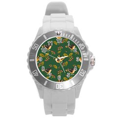 Cute-seamless-pattern-bird-with-berries-leaves Round Plastic Sport Watch (l) by uniart180623