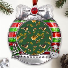 Cute-seamless-pattern-bird-with-berries-leaves Metal X mas Ribbon With Red Crystal Round Ornament