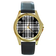 Pixel-background-design-modern-seamless-pattern-plaid-square-texture-fabric-tartan-scottish-textile- Round Gold Metal Watch