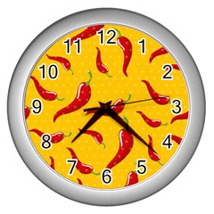 Chili-vegetable-pattern-background Wall Clock (silver) by uniart180623