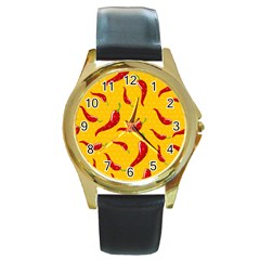 Chili-vegetable-pattern-background Round Gold Metal Watch