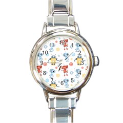 Cute-cartoon-robots-seamless-pattern Round Italian Charm Watch by uniart180623