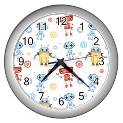 Cute-cartoon-robots-seamless-pattern Wall Clock (silver) by uniart180623