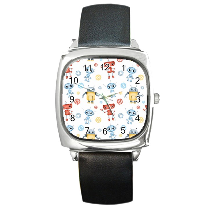 Cute-cartoon-robots-seamless-pattern Square Metal Watch