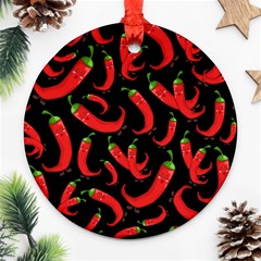 Seamless-vector-pattern-hot-red-chili-papper-black-background Ornament (round) by uniart180623