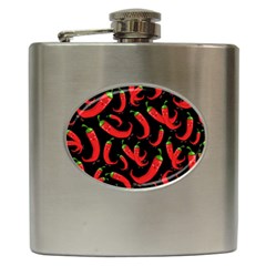 Seamless-vector-pattern-hot-red-chili-papper-black-background Hip Flask (6 Oz) by uniart180623