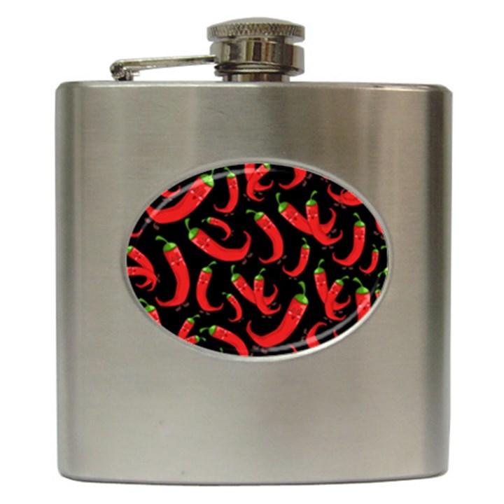 Seamless-vector-pattern-hot-red-chili-papper-black-background Hip Flask (6 oz)