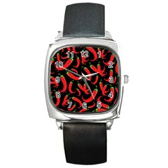 Seamless-vector-pattern-hot-red-chili-papper-black-background Square Metal Watch by uniart180623