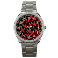 Seamless-vector-pattern-hot-red-chili-papper-black-background Sport Metal Watch by uniart180623