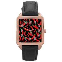 Seamless-vector-pattern-hot-red-chili-papper-black-background Rose Gold Leather Watch  by uniart180623