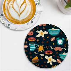 Seamless-pattern-with-breakfast-symbols-morning-coffee Uv Print Round Tile Coaster by uniart180623