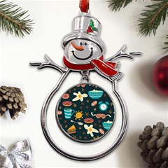 Seamless-pattern-with-breakfast-symbols-morning-coffee Metal Snowman Ornament by uniart180623