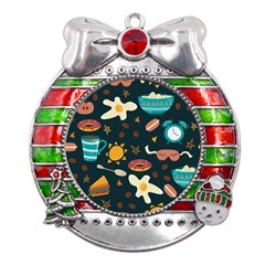 Seamless-pattern-with-breakfast-symbols-morning-coffee Metal X mas Ribbon With Red Crystal Round Ornament by uniart180623