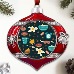 Seamless-pattern-with-breakfast-symbols-morning-coffee Metal Snowflake And Bell Red Ornament