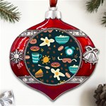 Seamless-pattern-with-breakfast-symbols-morning-coffee Metal Snowflake And Bell Red Ornament Front