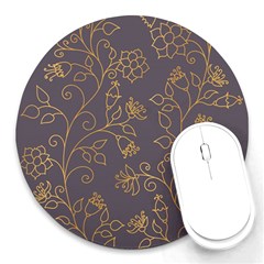 Seamless-pattern-gold-floral-ornament-dark-background-fashionable-textures-golden-luster Round Mousepad by uniart180623