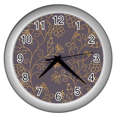 Seamless-pattern-gold-floral-ornament-dark-background-fashionable-textures-golden-luster Wall Clock (silver) by uniart180623