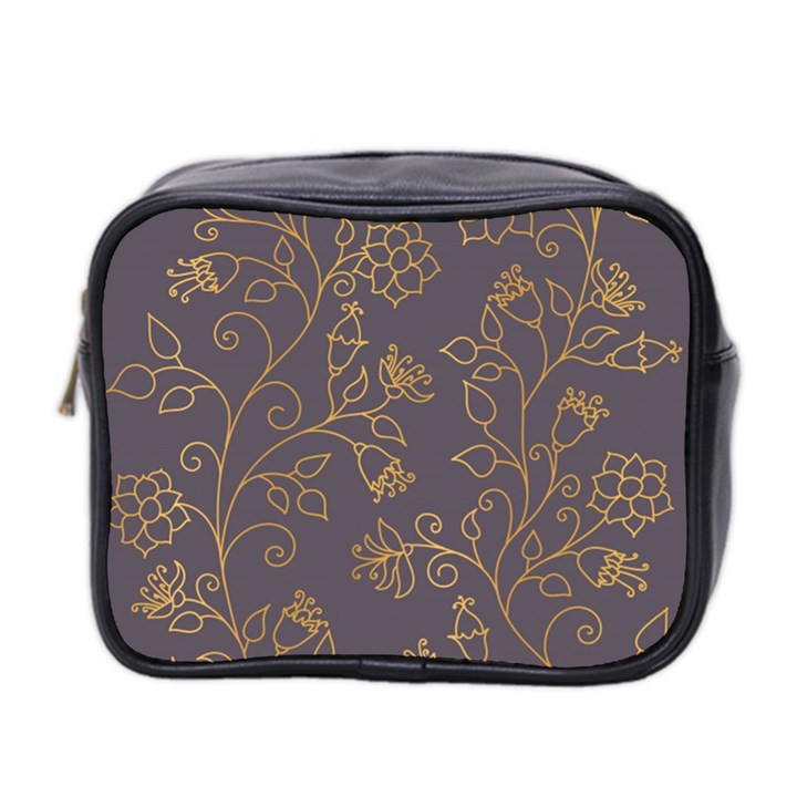 Seamless-pattern-gold-floral-ornament-dark-background-fashionable-textures-golden-luster Mini Toiletries Bag (Two Sides)