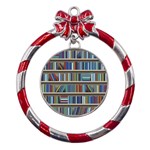 Bookshelf Metal Red Ribbon Round Ornament Front