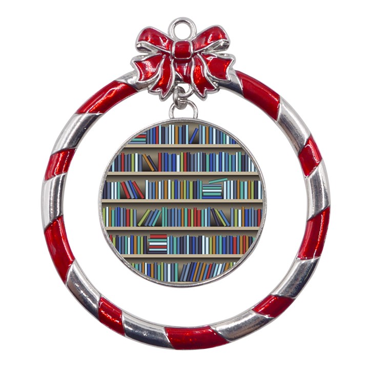 Bookshelf Metal Red Ribbon Round Ornament