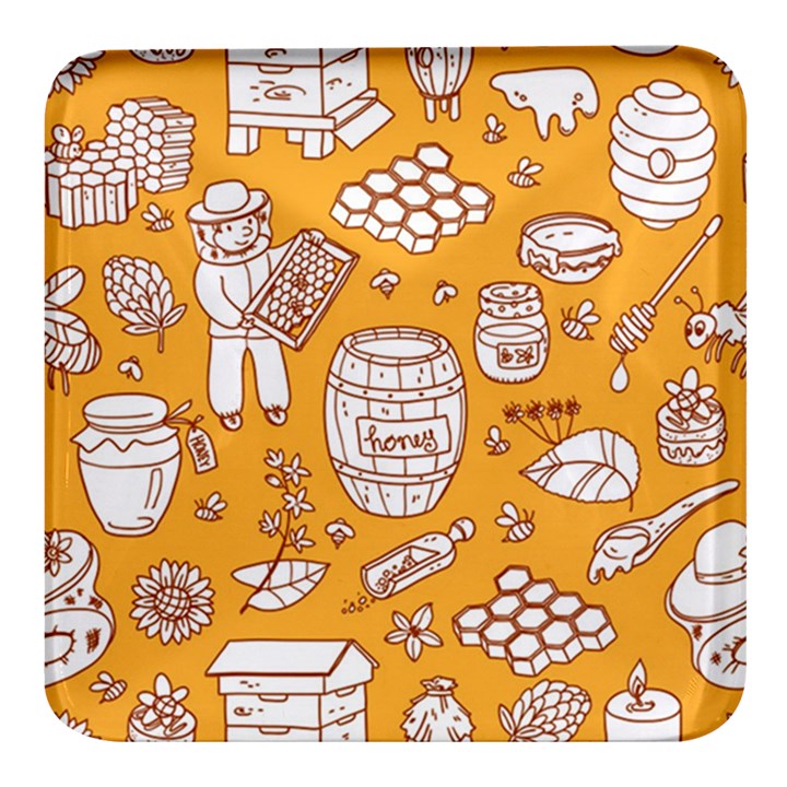 Vector-honey-element-doodle-seamless-pattern-with-beehive-beeke Square Glass Fridge Magnet (4 pack)