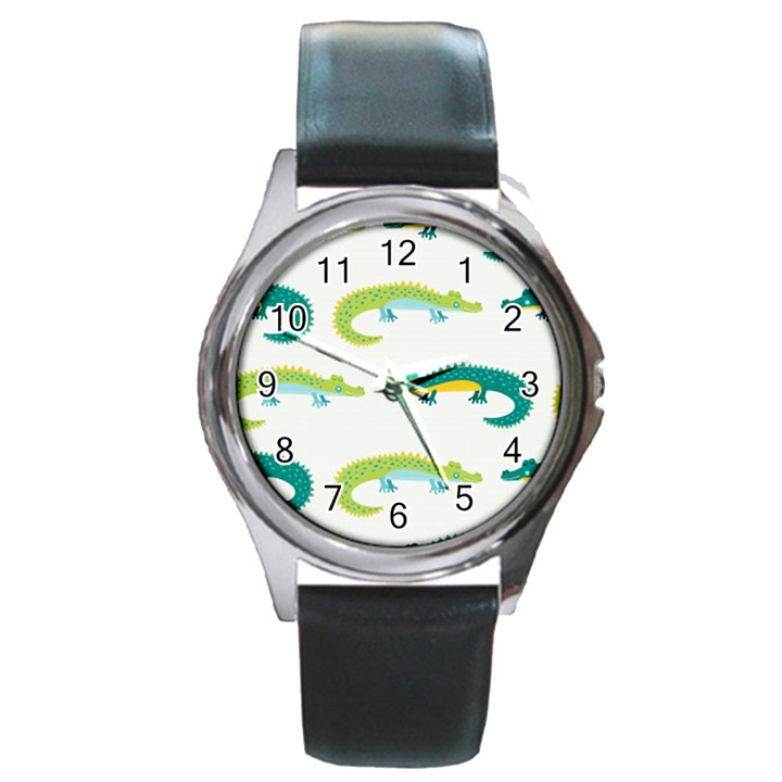 Cute-cartoon-alligator-kids-seamless-pattern-with-green-nahd-drawn-crocodiles Round Metal Watch