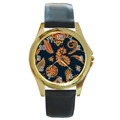 Bright-seamless-pattern-with-paisley-mehndi-elements-hand-drawn-wallpaper-with-floral-traditional Round Gold Metal Watch by uniart180623