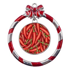 Seamless-chili-pepper-pattern Metal Red Ribbon Round Ornament