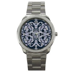 Cobalt Grey Arabesque Sport Metal Watch by kaleidomarblingart