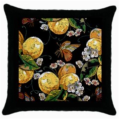 Embroidery-blossoming-lemons-butterfly-seamless-pattern Throw Pillow Case (black) by uniart180623