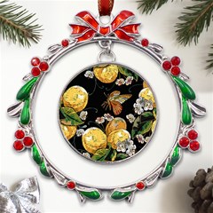 Embroidery-blossoming-lemons-butterfly-seamless-pattern Metal X mas Wreath Ribbon Ornament