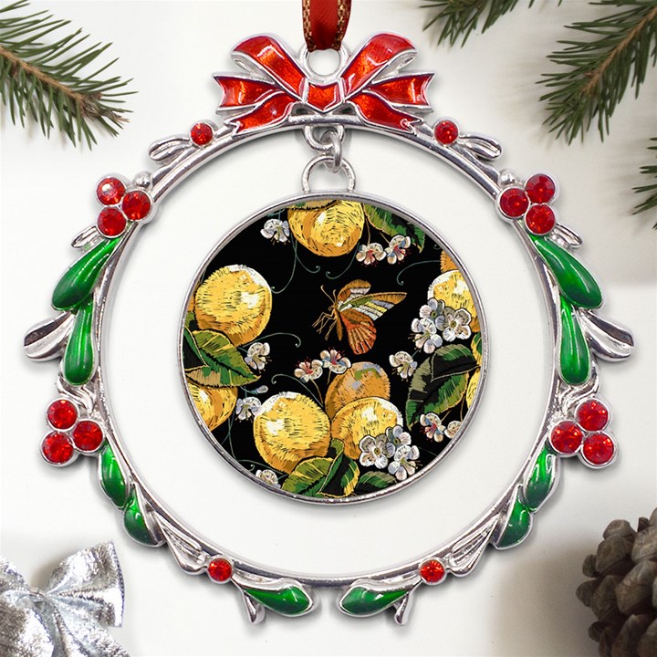 Embroidery-blossoming-lemons-butterfly-seamless-pattern Metal X mas Wreath Ribbon Ornament