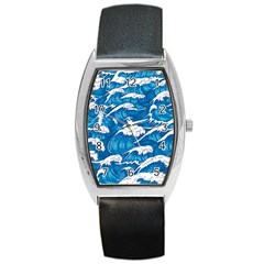 Storm-waves-seamless-pattern-raging-ocean-water-sea-wave-vintage-japanese-storms-print-illustration- Barrel Style Metal Watch by uniart180623