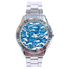 Storm-waves-seamless-pattern-raging-ocean-water-sea-wave-vintage-japanese-storms-print-illustration- Stainless Steel Analogue Watch by uniart180623