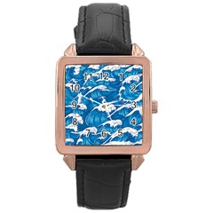 Storm-waves-seamless-pattern-raging-ocean-water-sea-wave-vintage-japanese-storms-print-illustration- Rose Gold Leather Watch  by uniart180623