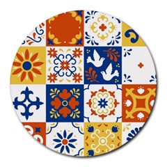 Mexican-talavera-pattern-ceramic-tiles-with-flower-leaves-bird-ornaments-traditional-majolica-style- Round Mousepad by uniart180623