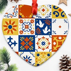 Mexican-talavera-pattern-ceramic-tiles-with-flower-leaves-bird-ornaments-traditional-majolica-style- Ornament (heart) by uniart180623