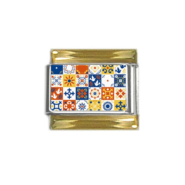 Mexican-talavera-pattern-ceramic-tiles-with-flower-leaves-bird-ornaments-traditional-majolica-style- Gold Trim Italian Charm (9mm)