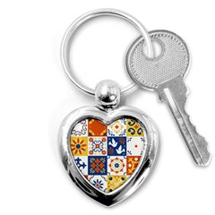 Mexican-talavera-pattern-ceramic-tiles-with-flower-leaves-bird-ornaments-traditional-majolica-style- Key Chain (heart) by uniart180623