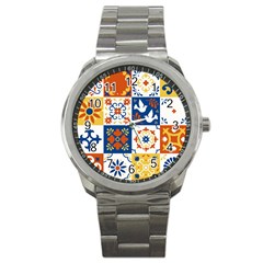 Mexican-talavera-pattern-ceramic-tiles-with-flower-leaves-bird-ornaments-traditional-majolica-style- Sport Metal Watch by uniart180623