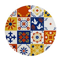 Mexican-talavera-pattern-ceramic-tiles-with-flower-leaves-bird-ornaments-traditional-majolica-style- Round Ornament (two Sides) by uniart180623