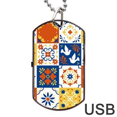 Mexican-talavera-pattern-ceramic-tiles-with-flower-leaves-bird-ornaments-traditional-majolica-style- Dog Tag Usb Flash (one Side) by uniart180623