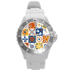 Mexican-talavera-pattern-ceramic-tiles-with-flower-leaves-bird-ornaments-traditional-majolica-style- Round Plastic Sport Watch (l) by uniart180623