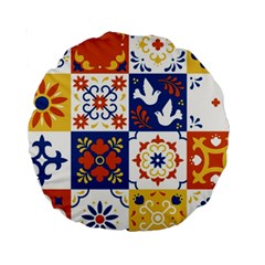 Mexican-talavera-pattern-ceramic-tiles-with-flower-leaves-bird-ornaments-traditional-majolica-style- Standard 15  Premium Round Cushions