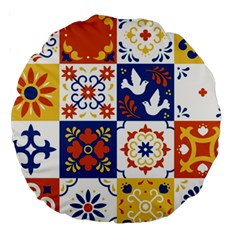 Mexican-talavera-pattern-ceramic-tiles-with-flower-leaves-bird-ornaments-traditional-majolica-style- Large 18  Premium Round Cushions