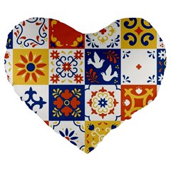 Mexican-talavera-pattern-ceramic-tiles-with-flower-leaves-bird-ornaments-traditional-majolica-style- Large 19  Premium Heart Shape Cushions by uniart180623