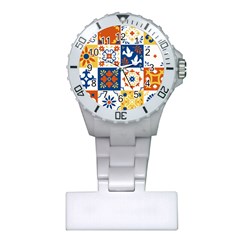 Mexican-talavera-pattern-ceramic-tiles-with-flower-leaves-bird-ornaments-traditional-majolica-style- Plastic Nurses Watch by uniart180623